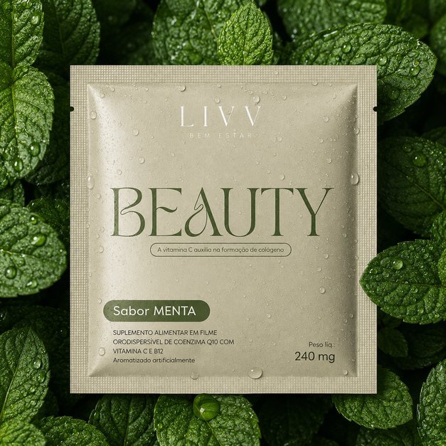 Sachê LIVV Beauty sabor menta sobre folhas de hortelã